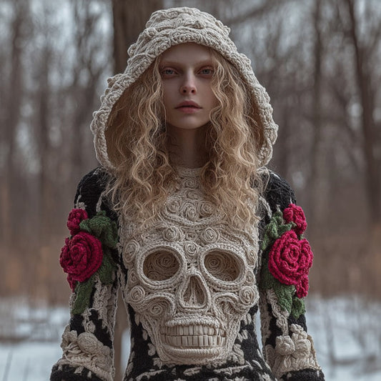 Comstylish Women Halloween Vintage Scarlet Rose White Skull Crochet Hooded Sweater