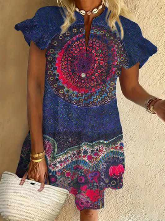 Retro Pattern Ruffled Short-sleeved V-neck Buttoned Dress Vacation Beach Dress