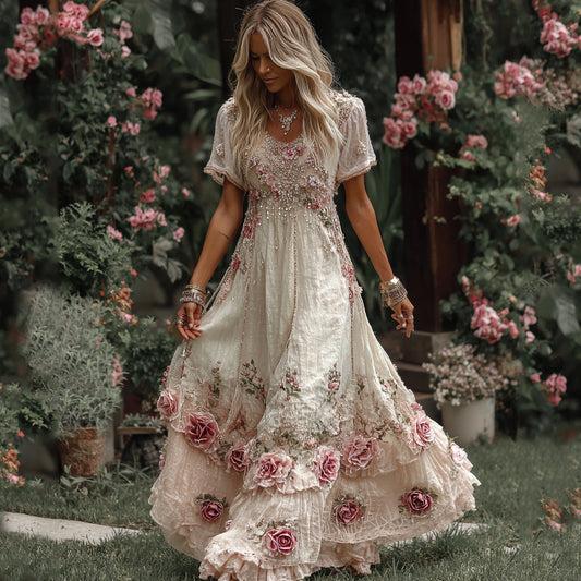 Women's Vintage Rose Embroidery Art Round Neck Short Sleeve Maxi Dress elevenforest