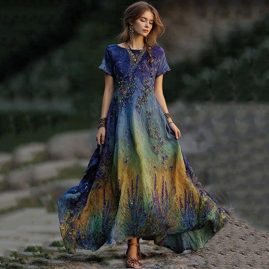 Women's Vintage Lavender Embroidered Sequin Gradient Flowing Linen Maxi Dress elevenforest