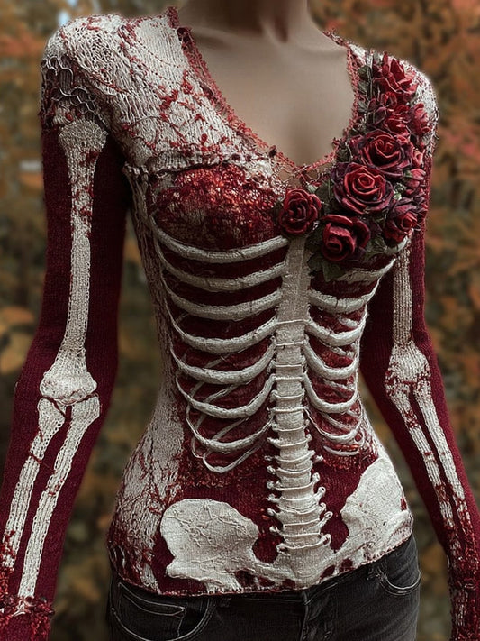 Comstylish Classy Skeleton Bloody Roses V Neck Knit Sweater