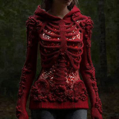 Comstylish Halloween Skull Floral Knitted Warm Hooded Sweater