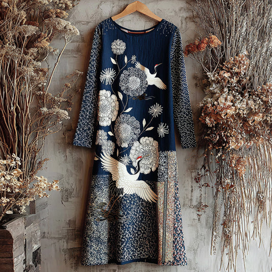 Women's Vintage Japanese Crane Art Linen Blend Round Neck Dress elevenforest
