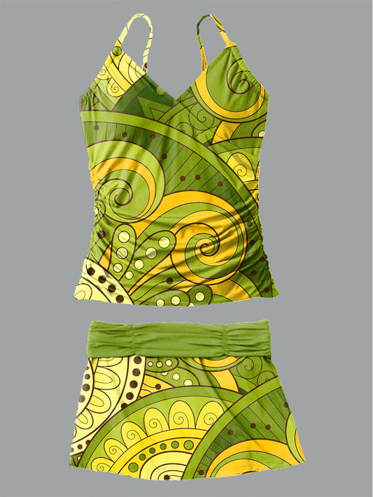 Women's Floral Art Printed Suspender Shirred Swimsuit Set