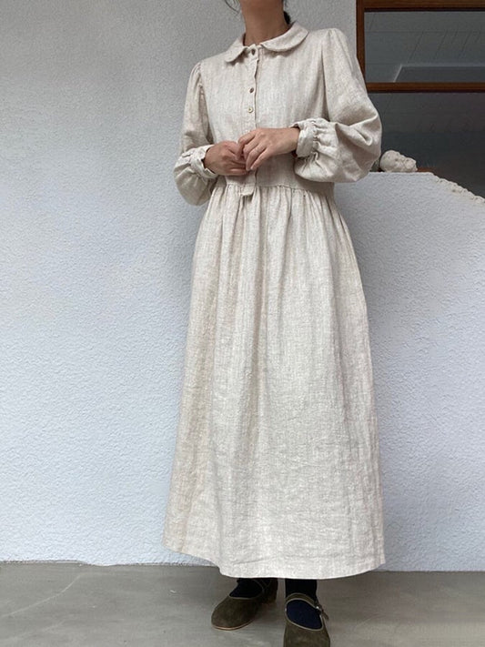 Women's Casual Cotton and Linen Long Sleeve Dress