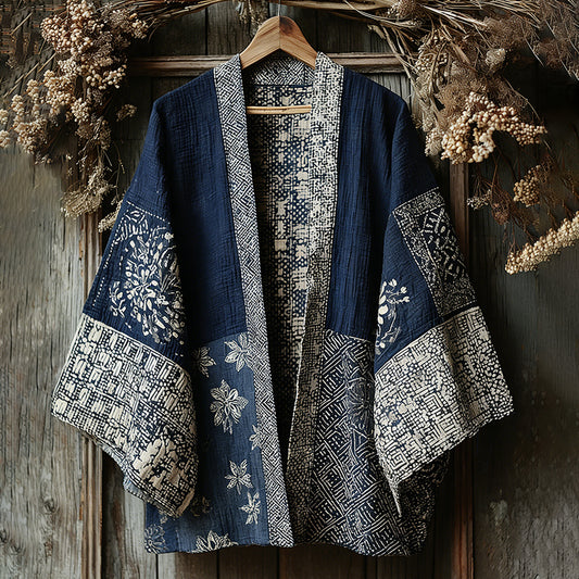 Retro Japanese Traditional Sashiko With Sakura Art Print Cotton And Linen Blend Kimono Cardigan elevenforest