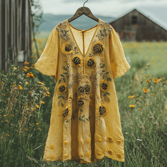 Vintage Sunflower Floral Print Art Linen Midi Dress elevenforest