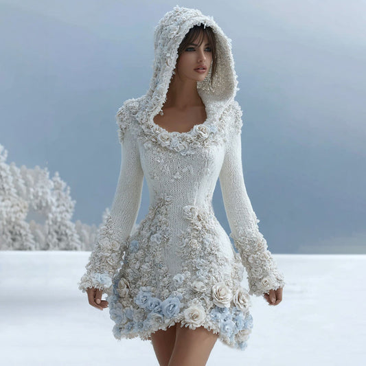 Women Floral Art Knitted Elegant Hooded Mini Skirt