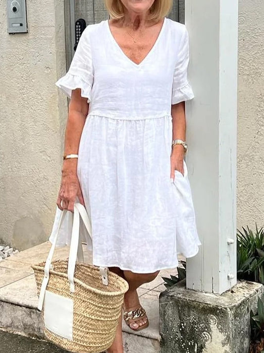 Women's Cotton Linen Loose V Neck Casual Dress