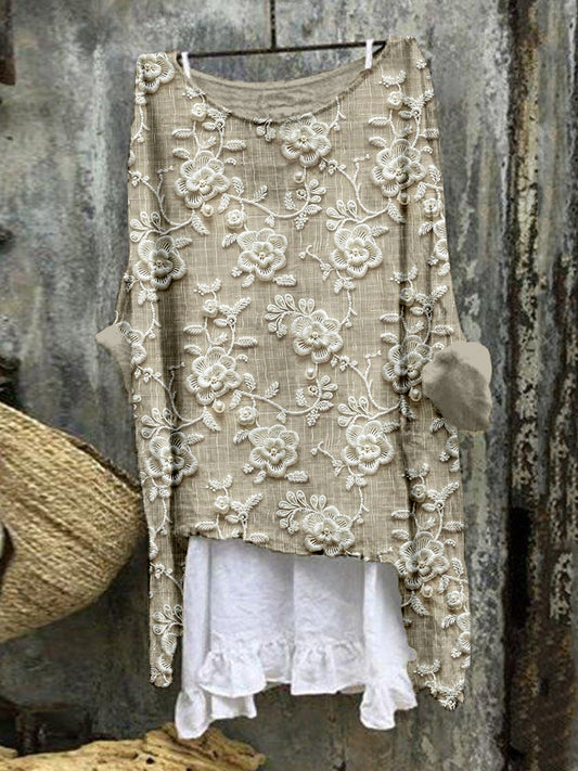 Comstylish Vintage Floral Lace Embroidered Linen Blend Tunic