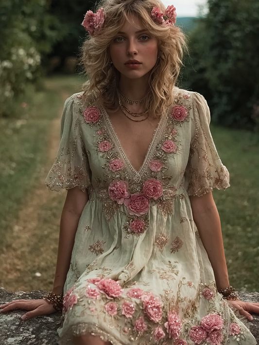 Bohemian Retro Countryside Style Plant Flower Design Cotton And Linen Woman's Dress elevenforest