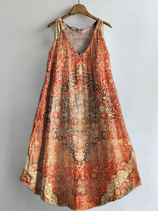 Women's Retro Ethnic Totem Art Print V-neck Pocket Cotton Dress