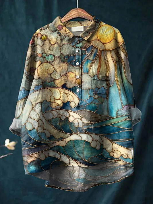 Vintage Lovely Scene Pattern Art Print Casual Cotton And Linen Shirt