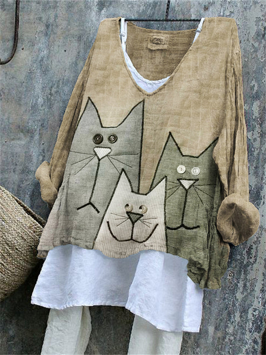 Comstylish Lovely Cats Patchwork Fiber Art Linen Blend Tunic