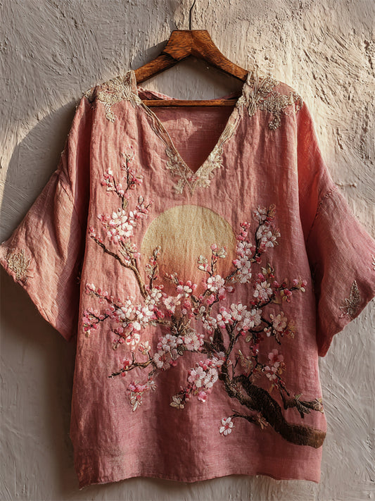 Japanese Cherry Blossom Full Moon Embroidered Linen Tunic elevenforest