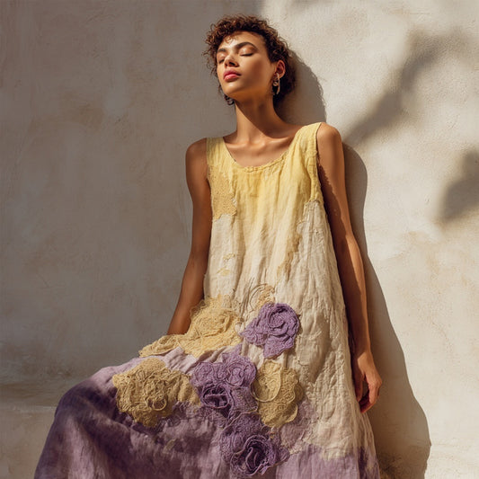 Vintage Purple Roses Embroidered Gradient Linen Midi Dress elevenforest