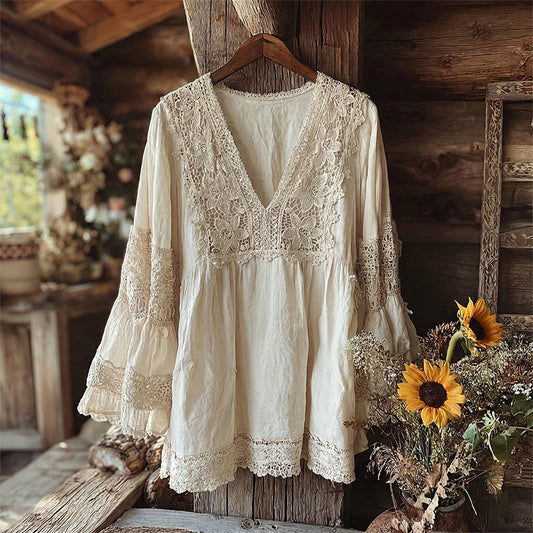 Women's Vintage Floral Lace Embroidered Art V Neck Blouses elevenforest