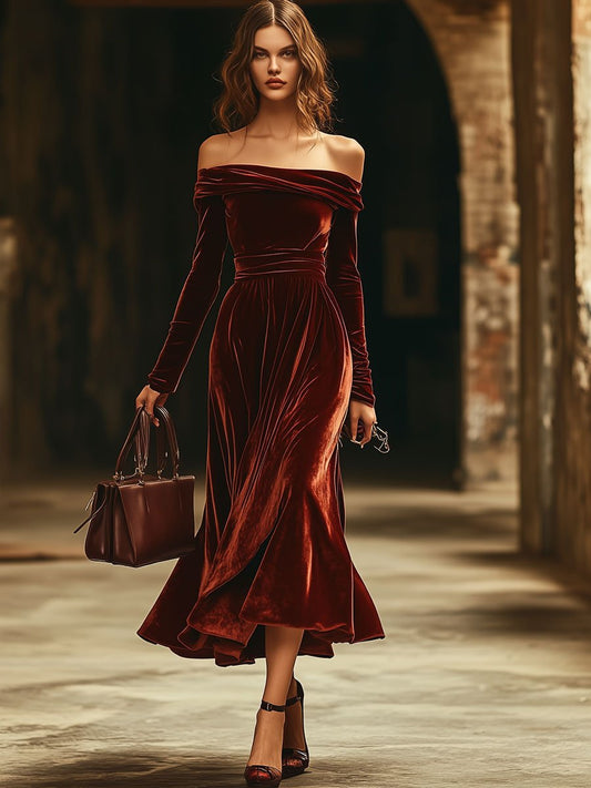 Fashion Party Off-shoulder Solid Color Velvet Long Sleeve Midi Dress