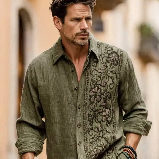 Mens Vintage Ethnic Woven Floral Linen Shirt elevenforest