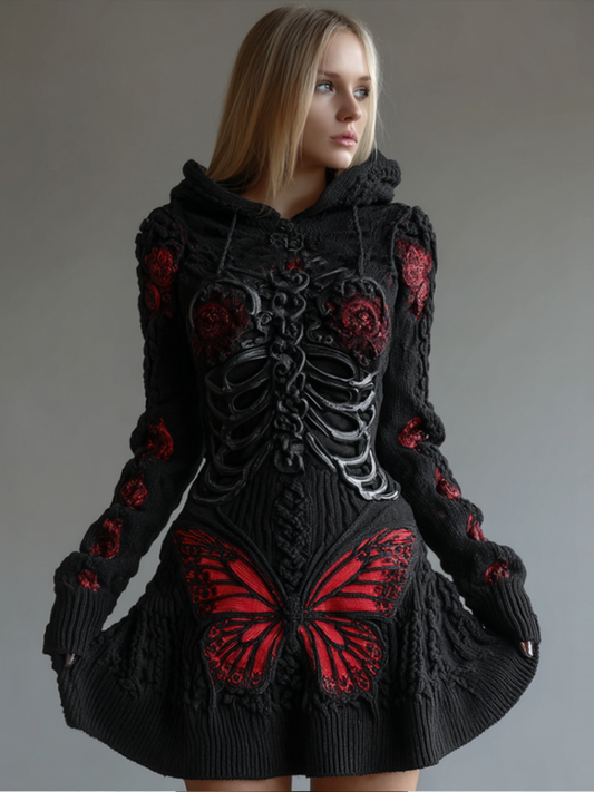 Comstylish Halloween Blood Butterfly Women's Knit Sweater Dress