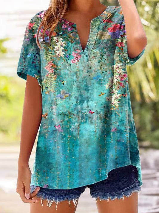 Women's Casual Retro Floral Butterfly Print Cotton And Linen Shirt elevenforest