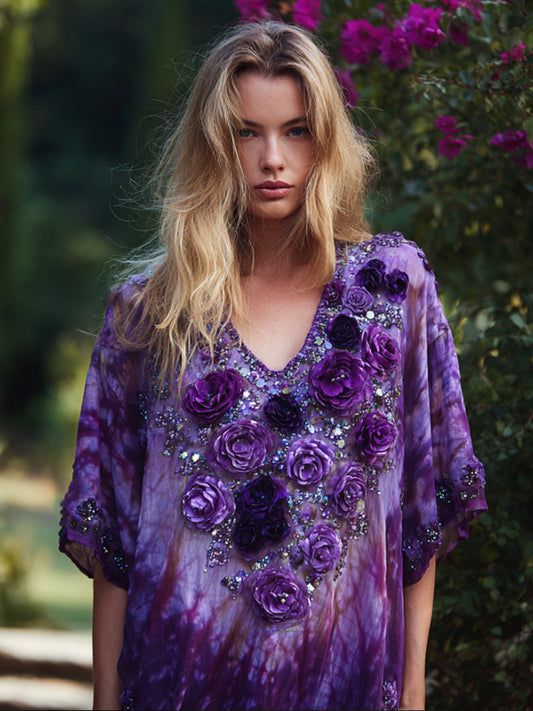 Bohemian Style Tie-dye Gradient Purple Three-dimensional Embroidered Rose V-neck Short-sleeved Shirt elevenforest