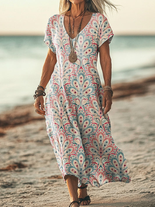 Women's Vintage Floral Art Print Pocket Cotton Dress