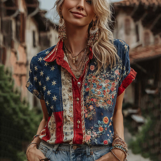 Women's Retro American Flag Style Embroidered Linen Blend Shirts elevenforest