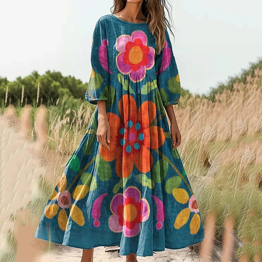 Vintage Floral Print Casual Midi Dress elevenforest