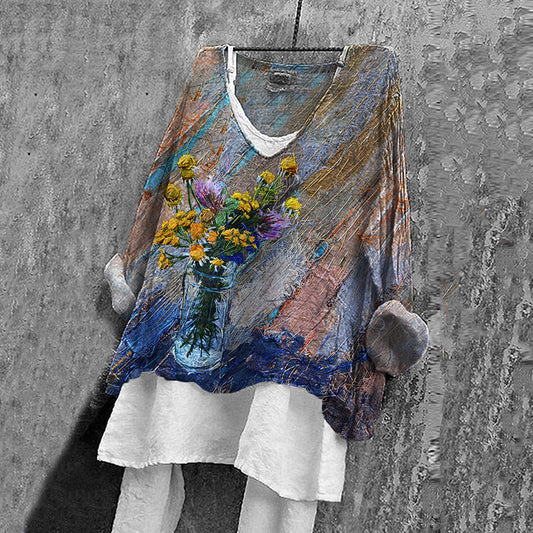 Comstylish Women's Vintage Flower Embroidery Art Linen Casual T-shirt