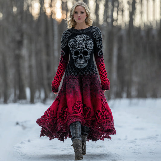 Comstylish Women's Vintage Celtic Skull Gradient Art Comfy Sweater Long Dress