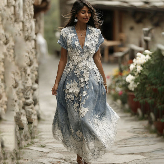 Women's Vintage Floral Embroidery Art Pattern Casual Maxi Dress elevenforest