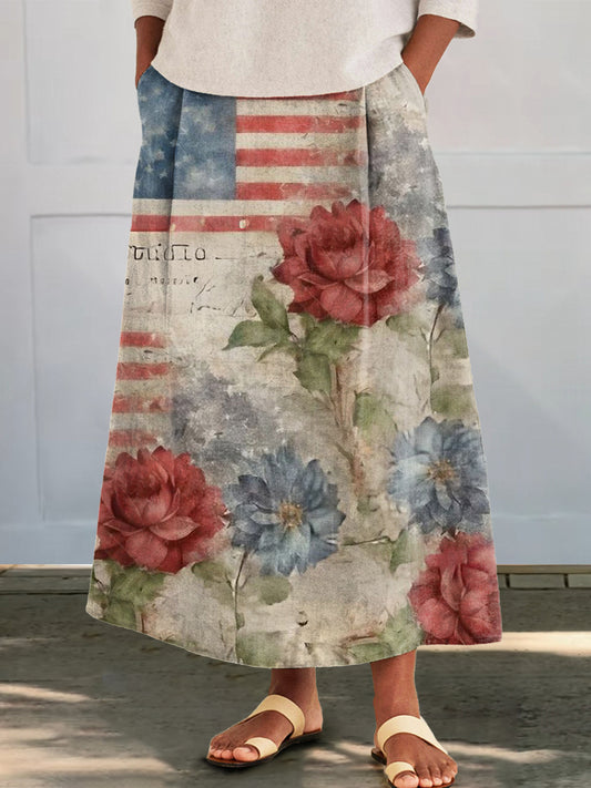 Women's Independence Day Floral Flag Art Print Cotton Pocket Skirt