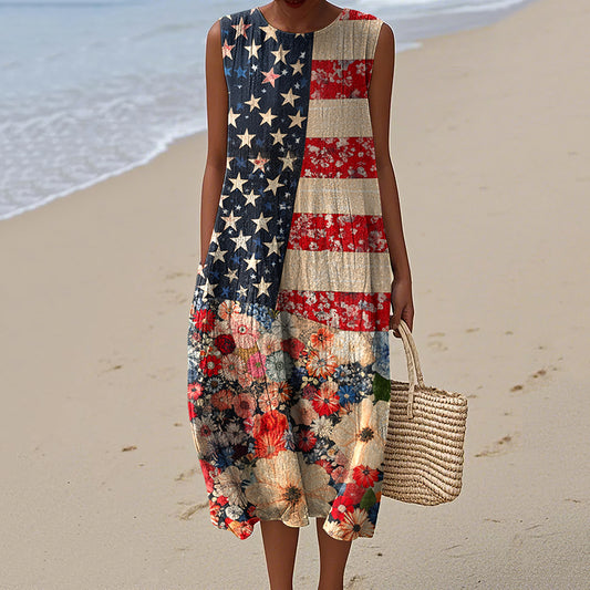 Vintage Independence Day American Flag Patch Floral & Paisley 4th Of July Art Linen Tank Dress elevenforest