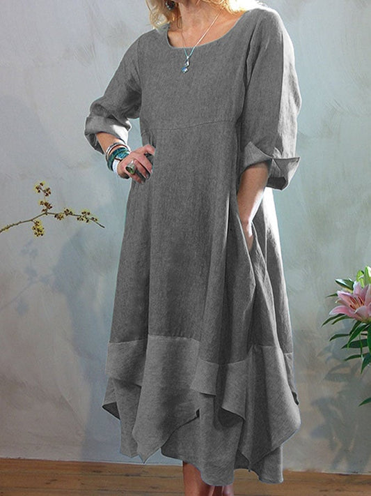Ladies Solid Color Cotton Linen Long Sleeve Dress