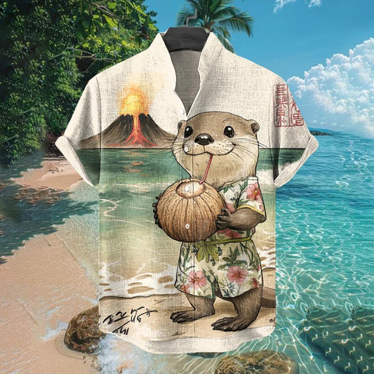 Men's Cute Otter Drinking Coconut Juice Print Short Sleeve Shirt elevenforest