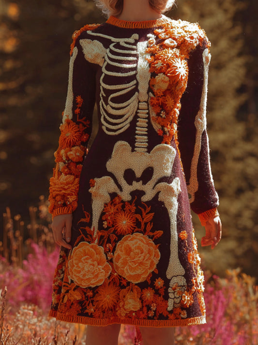 Women's Halloween Warm Tone Skull Rose Embroidered Dress elevenforest
