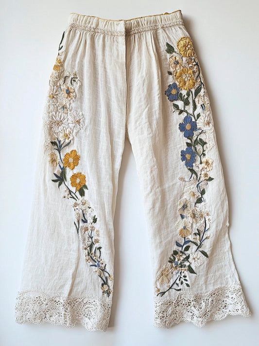 Floral Embroidery Lace Trimmed Women's Linen Pants elevenforest