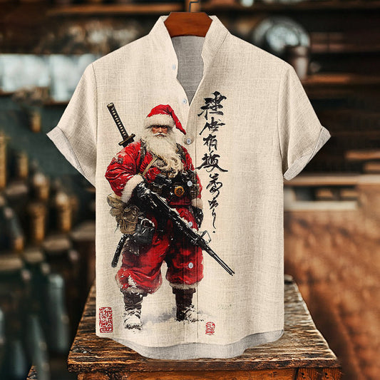 Men's Christmas Santa Japanese Warrior Print Shirt elevenforest