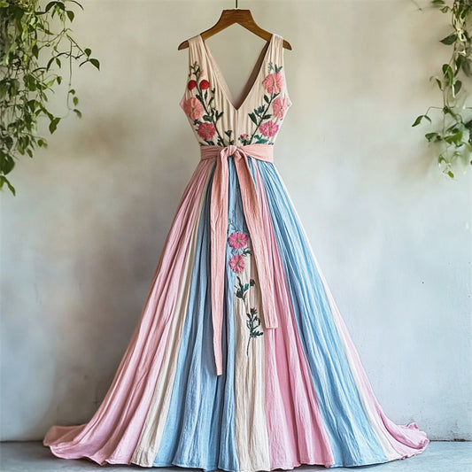 Classy Floral Embroidered Transgender Colorblock Linen Maxi Dress elevenforest