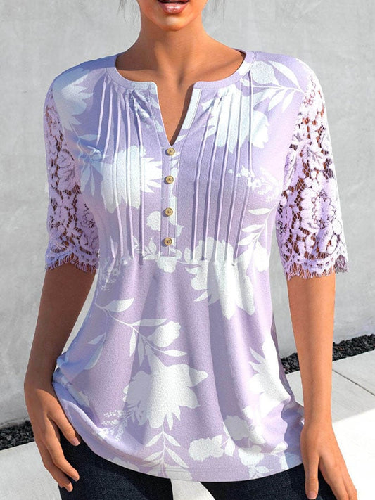 Purple Tuck Stitch Floral Print Blouse