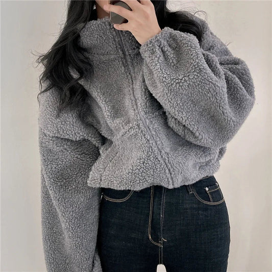 Leonor® | Chic women's sweater made of fleece with a stand-up collar and zipper