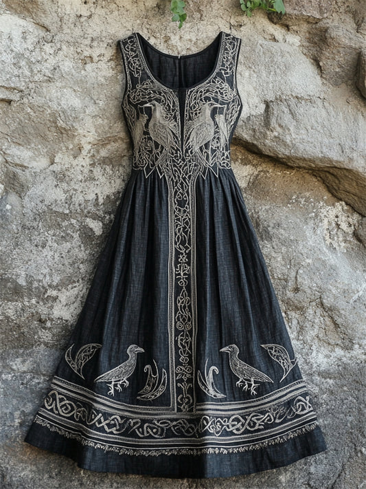 Vintage Viking Celtic Ravens Medieval Linen Maxi Dress elevenforest