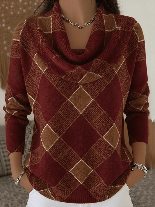 Women'S Casual Plaid Sweater With Special Collar 