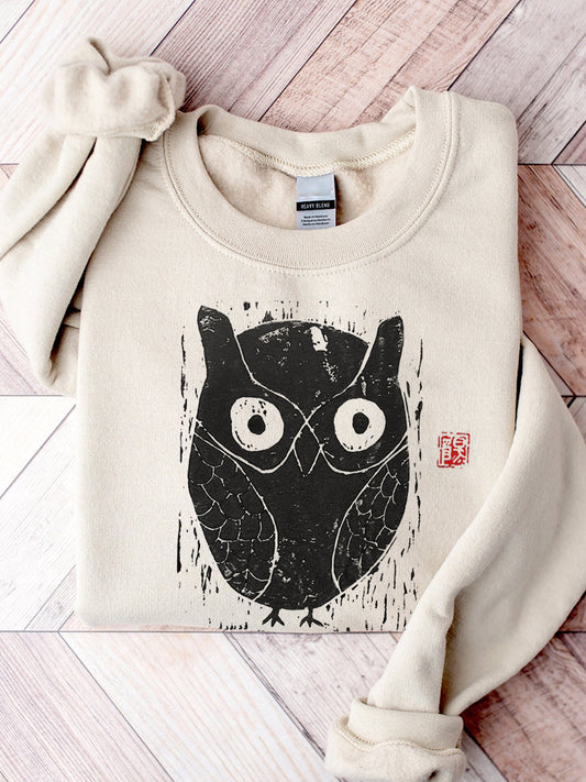 Owl Japanese Lino Art Comfy Sweatshirt elevenforest