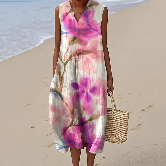 Women's Fashion Floral Linen Print V Neck Dress elevenforest