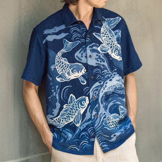 Men's Japanese-style Linen Short-sleeved Shirt With Wave And Koi Pattern elevenforest