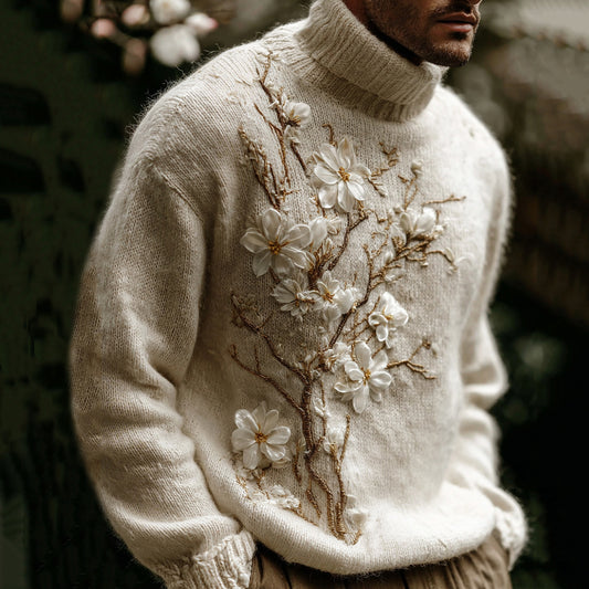 Men's Vintage White Almond Blossom Art Jacquard Thick Warm Turtleneck Sweater elevenforest