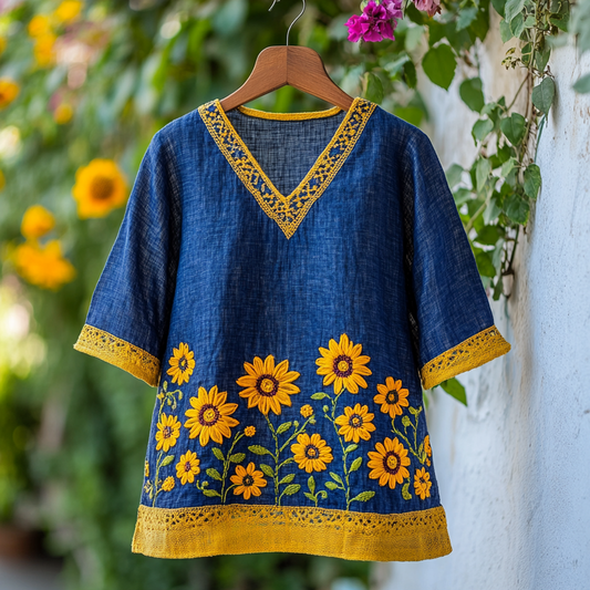 Women's Retro Sunflower Embroidery Contrast T-shirt elevenforest