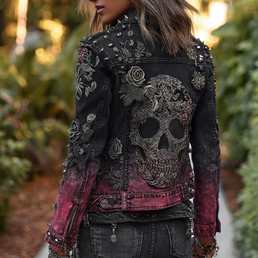 A Retro Women's Black-pink Gradient Denim Jacket With Gothic Skull And Floral Elements Design For Halloween. elevenforest